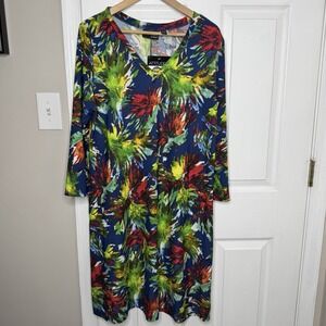 ATTITUDES BY RENEE Midi A-Line V-Neck Dress Large Multicolor Tropical Floral NWT